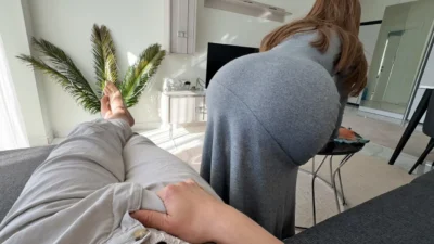 Step Mom caught Step Son with boner while cleaning and helped him cum on her big round ass