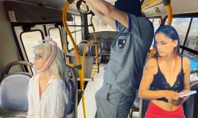 Worker takes stick out and thighs women on public transport!